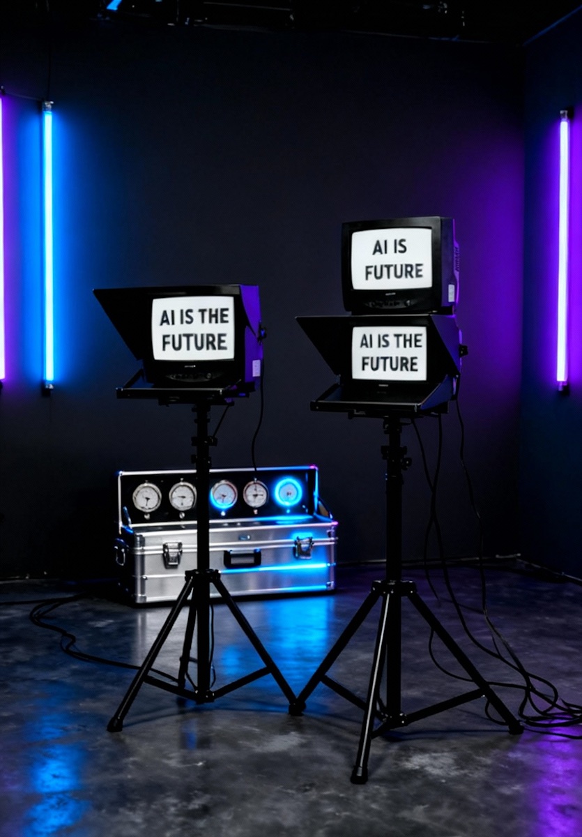 Futuristic AI studio with illuminated monitors